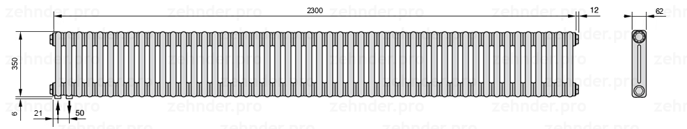 Схема (чертеж) Радиатор Zehnder Charleston 2035/50 №3370 Белый глянцевый RAL 9016